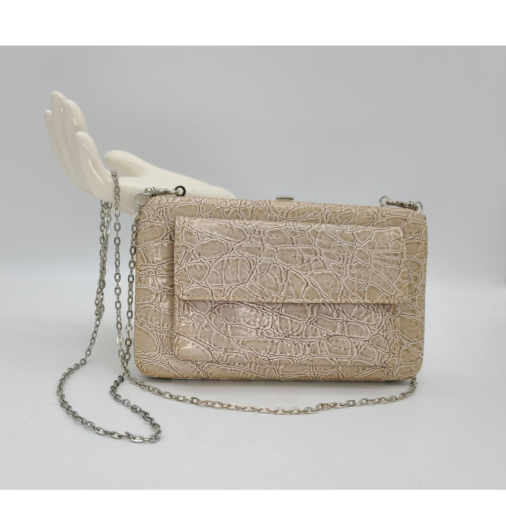 Vintage Metropolitan Clutch Wallet Beige Faux Snake Skin Leather Chain Strap